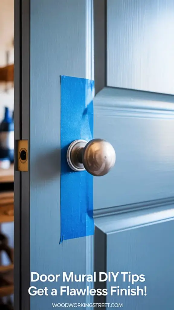 Pinterest pin image showing a DIY door mural project in progress, with painter's tape applied to a door to create clean lines. Text overlay: Door Mural DIY Tips.