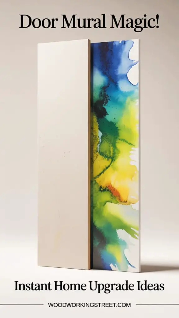 Pinterest pin image showing a before-and-after door transformation with a stunning artistic mural. Text overlay: Door Mural Magic!