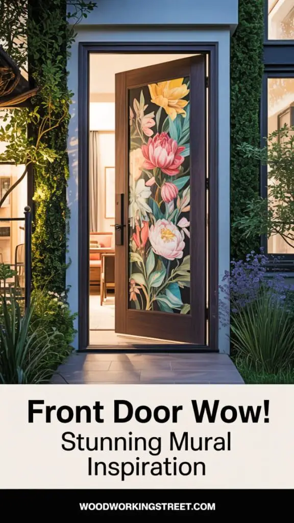 Pinterest pin image of a modern front entrance panel featuring a stunning mural. Text overlay: Front Door WOW!