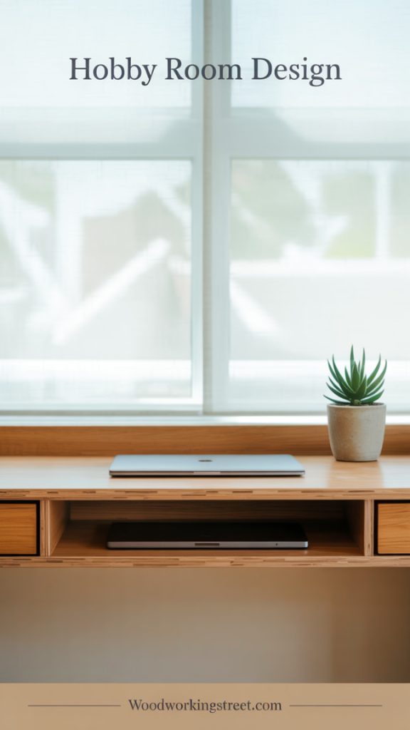 A clean and modern computer desk with a laptop and a small potted plant, suggesting a functional workspace for hobby room design. The image includes an overlay that reads "Hobby Room Design" and the URL "Woodworkingstreet.com" at the bottom.
