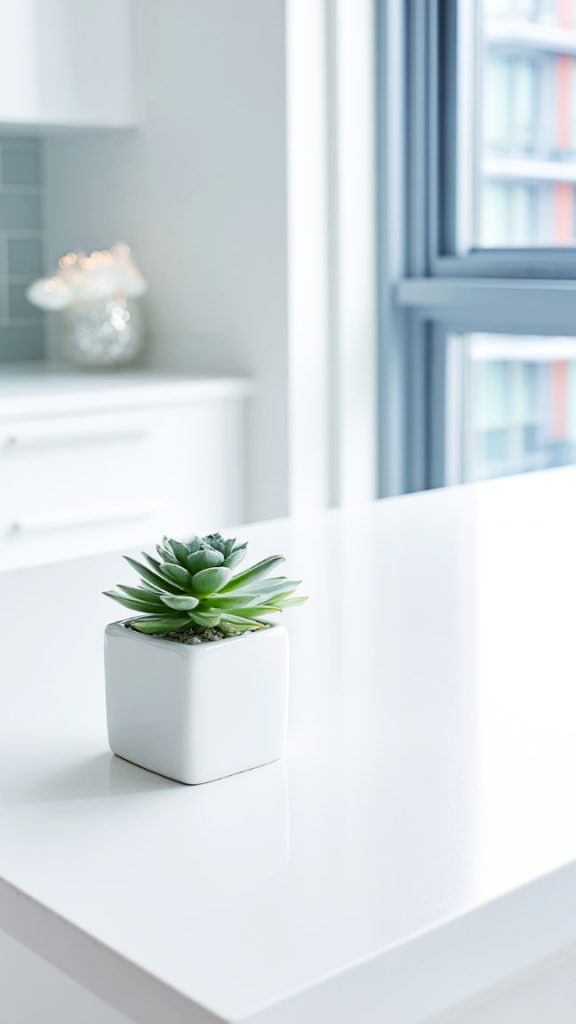 A pristine, minimalist kitchen countertop with minimal decor, emphasizing clean, uncluttered surfaces.