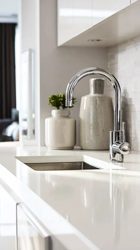 A contemporary kitchen countertop featuring sleek, modern styling elements.
