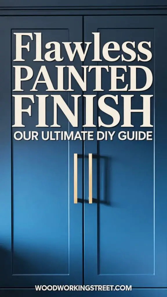 Pinterest pin showing a close-up of flawlessly painted deep blue kitchen cabinets with modern gold hardware. Text: Flawless Painted Finish.