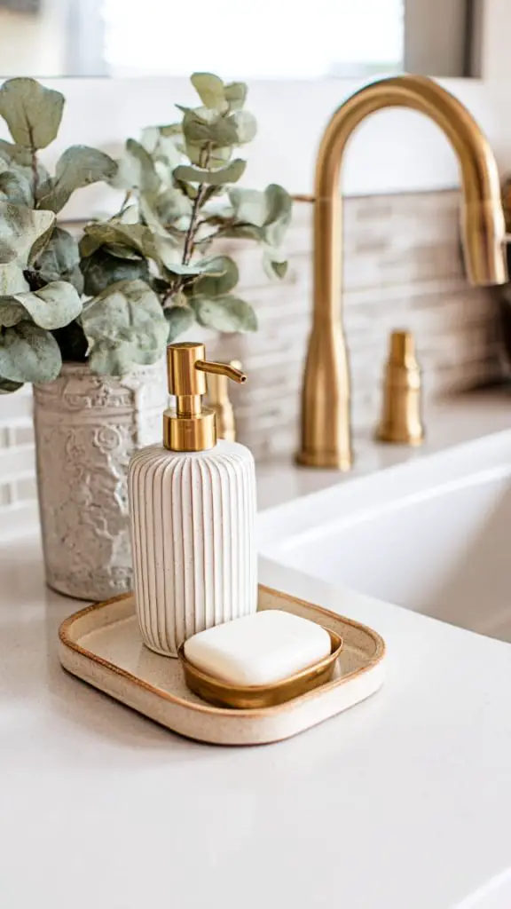 A kitchen sink area styled with a decorative soap dispenser and plant.
