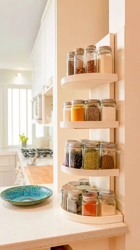 A very small kitchen countertop cleverly styled with vertical storage to maximize limited space.