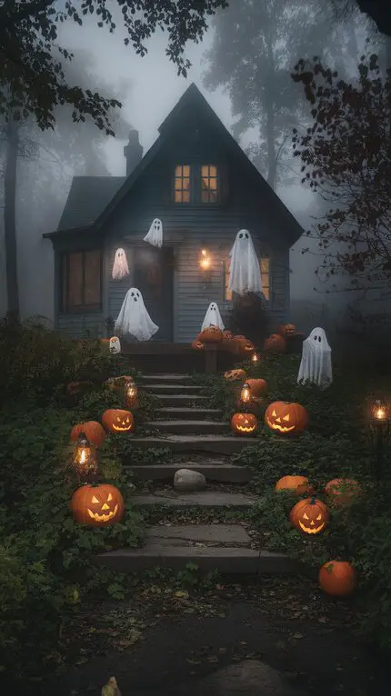 A charming house shrouded in fog, with glowing pumpkins lining the steps and ghostly figures hanging from trees.