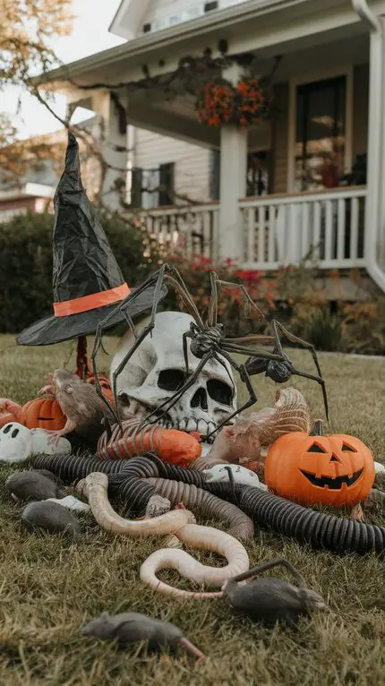 A large skull sitting menacingly, surrounded by a web of fake spiders and a playful witch’s hat, with pumpkins, faux snakes, and rats scattered around.