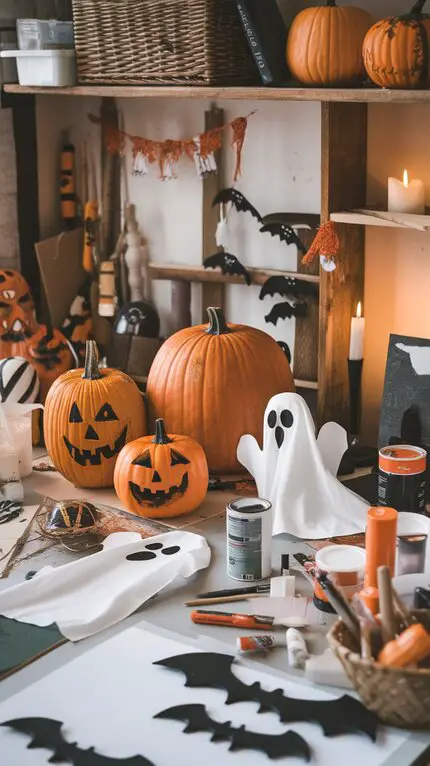 A cozy workspace filled with pumpkins, a ghost figure, and various crafting supplies.