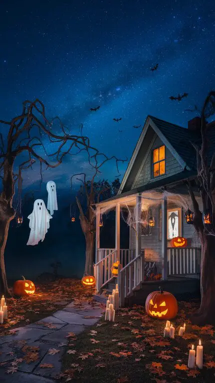 A charming house adorned with glowing pumpkins, swaying ghosts, and flickering candles, with cobwebs on porch railings and fallen leaves.