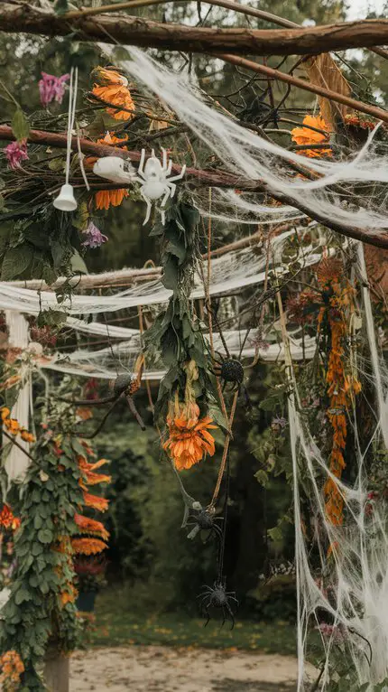 A beautiful arrangement of flowers and faux spiders, all draped with cobwebs.