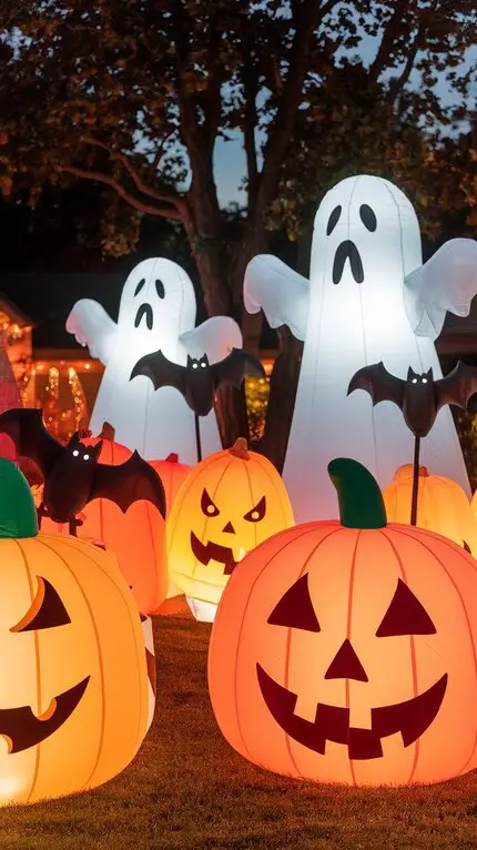 Cheerful inflatable pumpkins and spooky ghosts in a yard, with bats perched on the pumpkins.