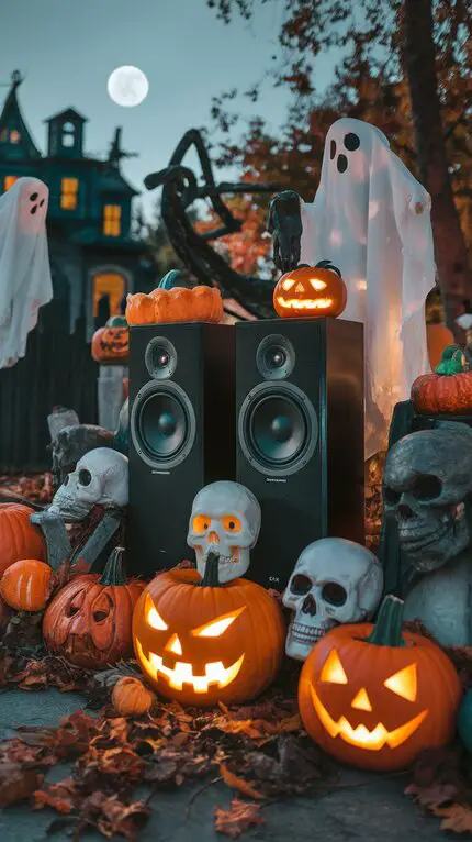 A yard scene with ghostly figures draped in white, surrounded by glowing jack-o’-lanterns and vibrant autumn leaves, with speakers for sound effects.