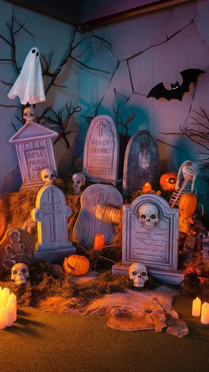 A chilling graveyard scene, complete with tombstones, skulls, and flickering candles.