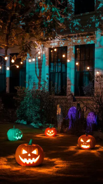 A yard adorned with glowing pumpkins and soft string lights, casting a warm yet eerie glow.