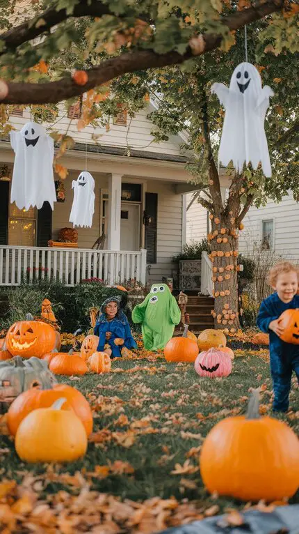 Two children dressed in playful costumes, a cute ghost and a bright blue monster, surrounded by vibrant pumpkins and hanging ghost decorations.
