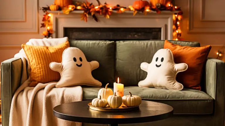 A cozy living room decorated for Halloween, with glowing lights, pumpkins, and soft blankets creating a warm and inviting autumn atmosphere.