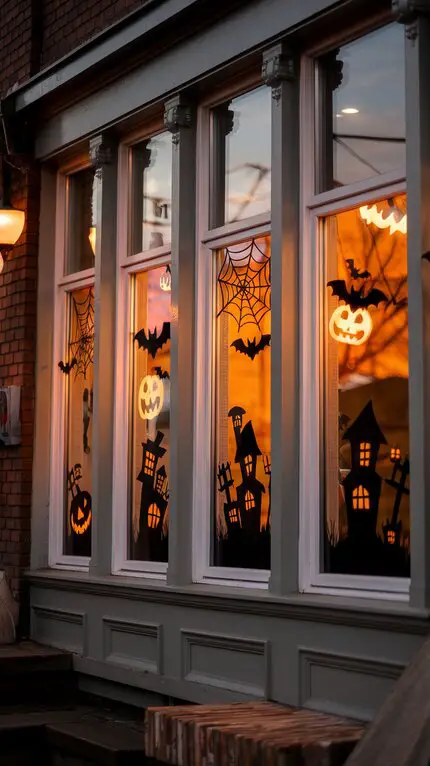 Halloween window display with bats, pumpkins, and spooky houses.