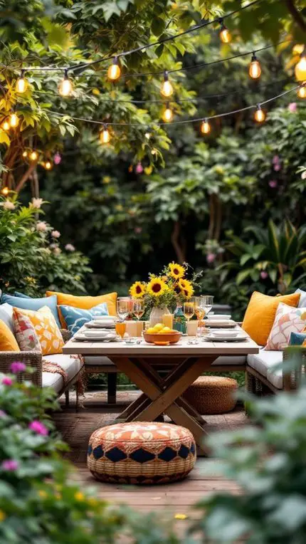 Colorful outdoor seating arrangement with cushions, a table, and string lights.