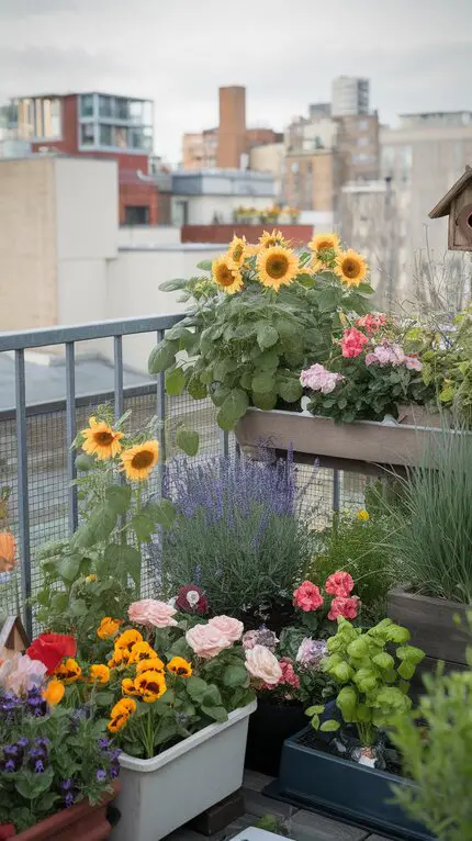 A vibrant container garden on a balcony featuring sunflowers, colorful flowers, and herbs.