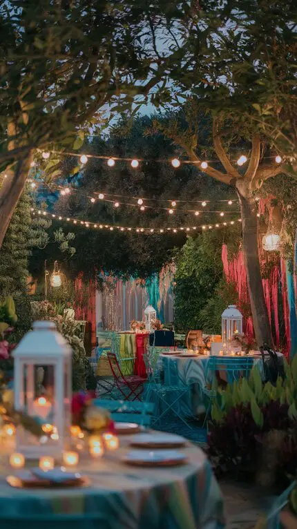 An outdoor party setup with string lights, lanterns, and colorful table settings.