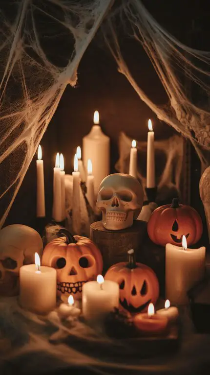 A collection of candles, skulls, and pumpkins arranged with cobwebs for Halloween decor.