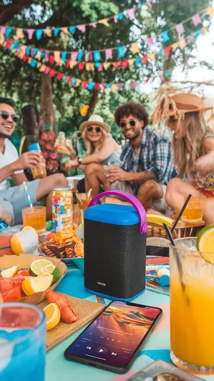 A vibrant outdoor party scene with friends, snacks, and a portable speaker playing music.