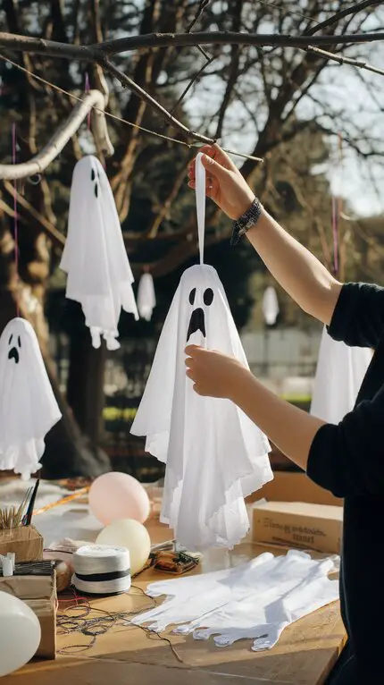 A person hanging a DIY ghost made from white fabric, with other crafting materials visible on a table.