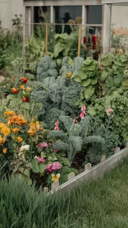 A vibrant garden featuring a mix of colorful flowers and vegetables, including tomatoes and kale, showcasing edible landscaping.
