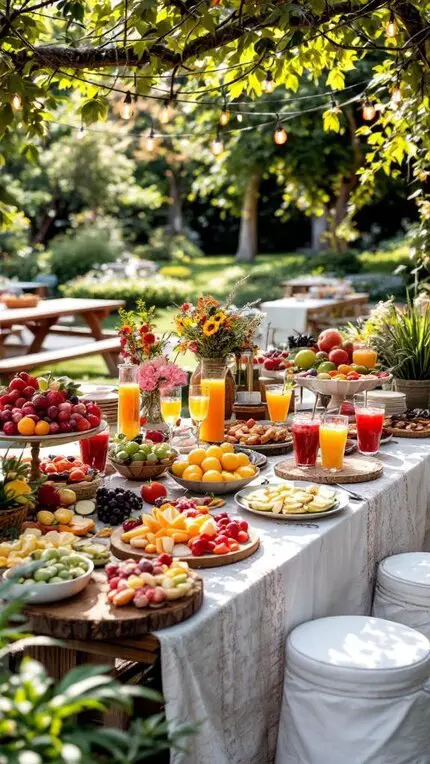 A vibrant outdoor party food and drink station with colorful fruits, snacks, and drinks.