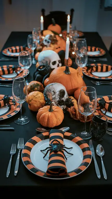 Halloween themed table setting with pumpkins, skulls, and striped plates.