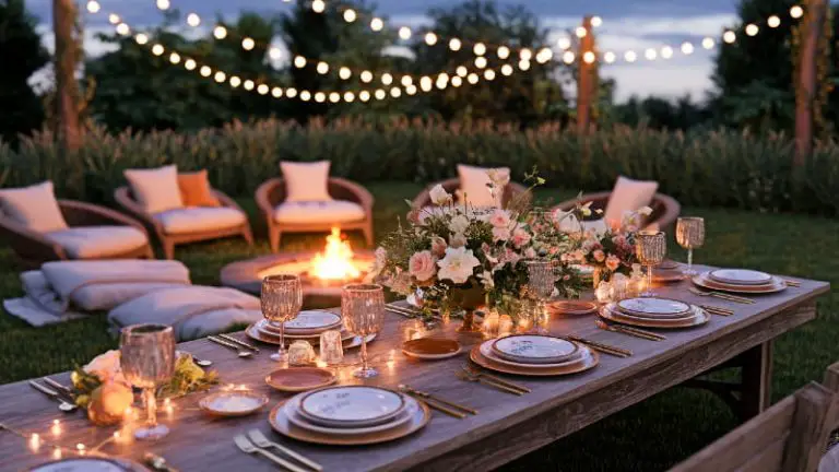 A magical outdoor party setup at dusk, featuring a beautifully decorated wooden table under the warm glow of string lights.