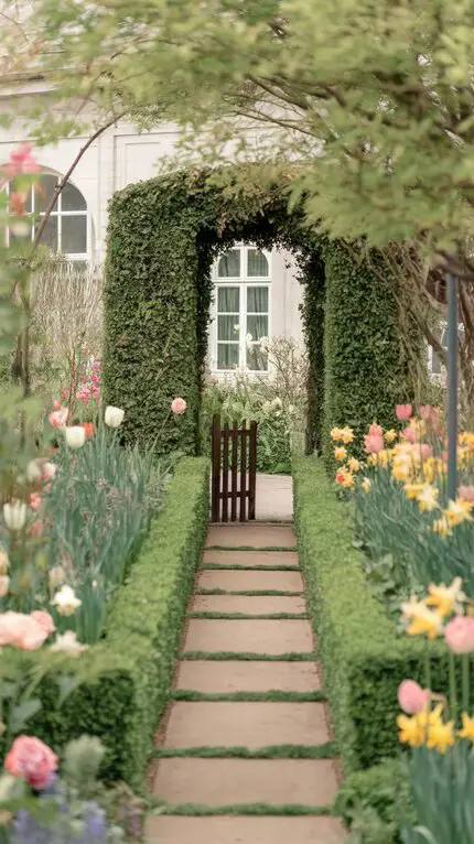 A garden pathway lined with lush greenery and colorful flowers, leading to a wooden gate.