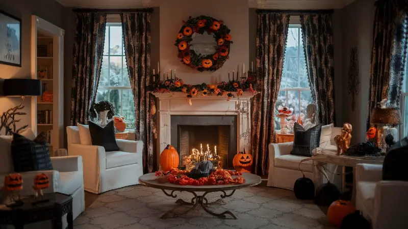Halloween home decor - A beautifully decorated home interior with a mix of elegant and subtly spooky Halloween home decor, bathed in dim, atmospheric lighting.