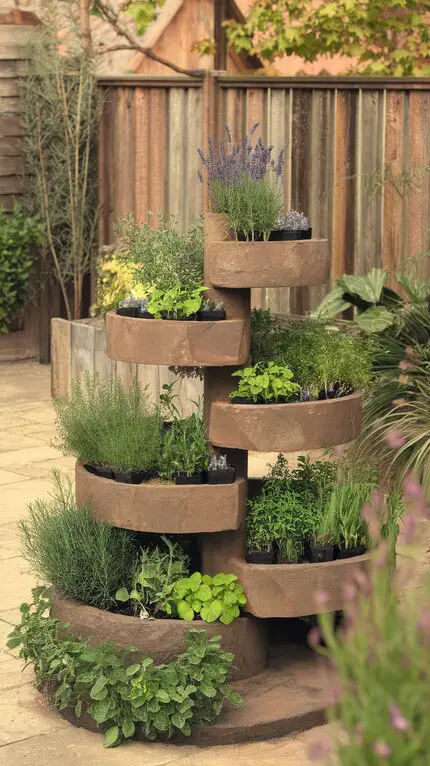 A beautifully designed herb spiral filled with various herbs, showcasing a unique gardening idea.