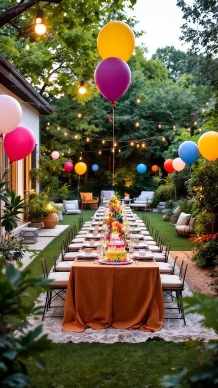 A beautifully decorated backyard birthday party setup with colorful balloons, flowers, and cake.
