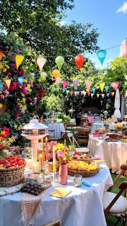 A colorful outdoor party setup with tables, food, and decorations under a clear blue sky.