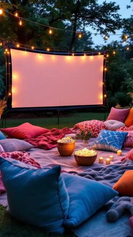 Cozy outdoor movie night setup with cushions, blankets, and string lights under an evening sky