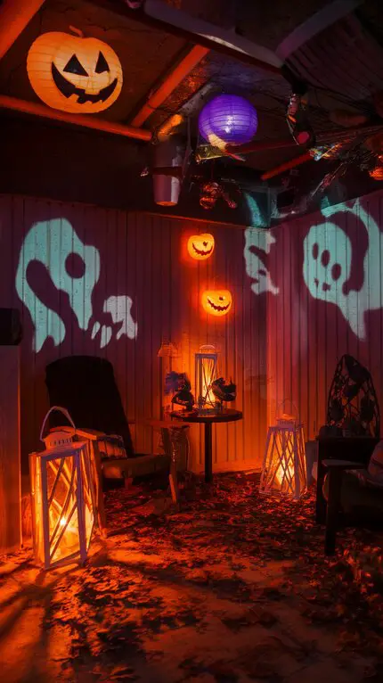 A cozy Halloween-themed corner with colorful lanterns, glowing pumpkins, and spooky shadows on the walls.