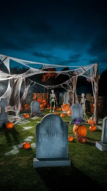 A spooky Halloween cemetery setup in a yard with tombstones, skeletons, and pumpkins.