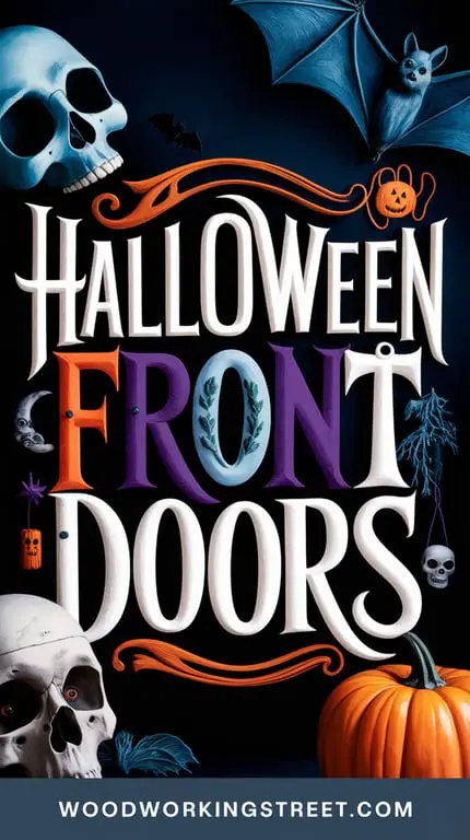 A Pinterest pin featuring creepy Halloween images like skulls and pumpkins, with the overlay 'Halloween Front Doors' from Woodworkingstreet.com.