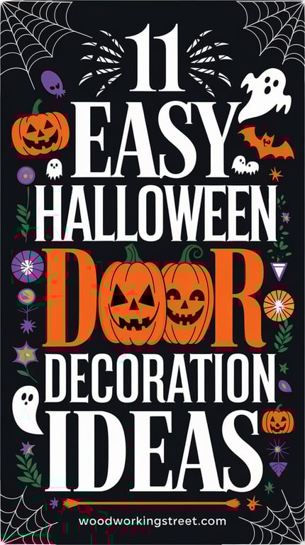 Halloween Door Decoration - A warmly lit front door adorned with a smiling jack-o'-lantern, colorful fall foliage, and a decorative Halloween wreath.
