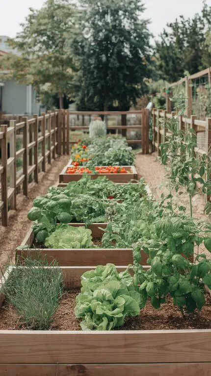 A garden with wooden raised beds filled with various plants including lettuce, herbs, and tomatoes.