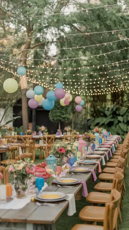 A beautifully decorated outdoor party setup with colorful tables, flowers, and string lights.