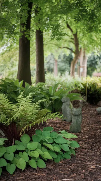 A lush shade garden featuring tall trees, ferns, hostas, and decorative stone sculptures.