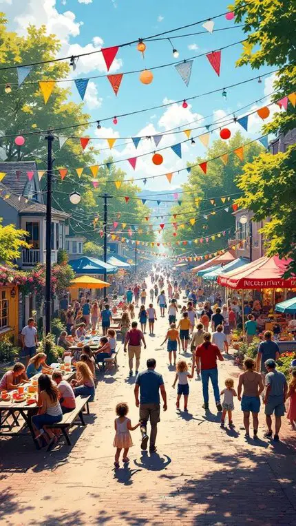 A lively block party scene with families enjoying food and decorations under string lights.