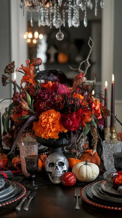 A Halloween table centerpiece featuring pumpkins, flowers, a skull, and candles.