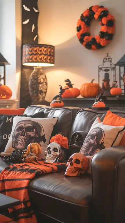 Cozy living room decorated for Halloween with skull pillows, pumpkins, and a spooky wreath.