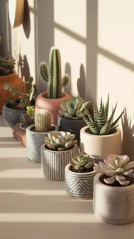 A variety of succulents and cacti arranged in decorative pots on a windowsill.