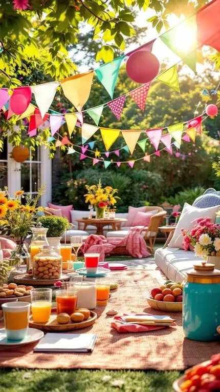 A colorful outdoor party setup with bunting, decorations, and a checklist.