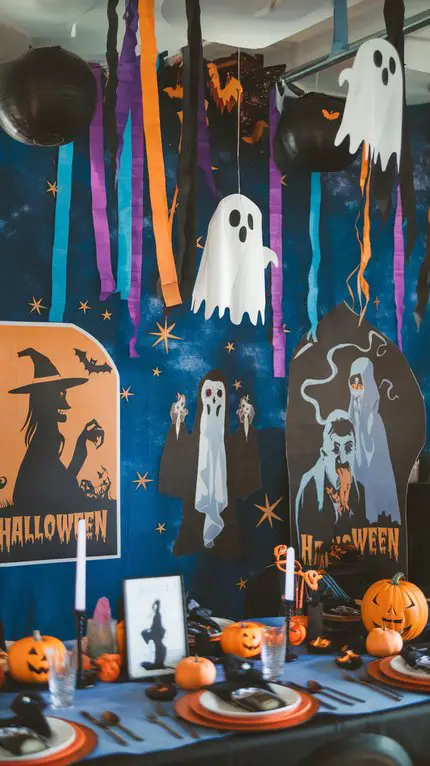 A decorated table and Halloween-themed decor.